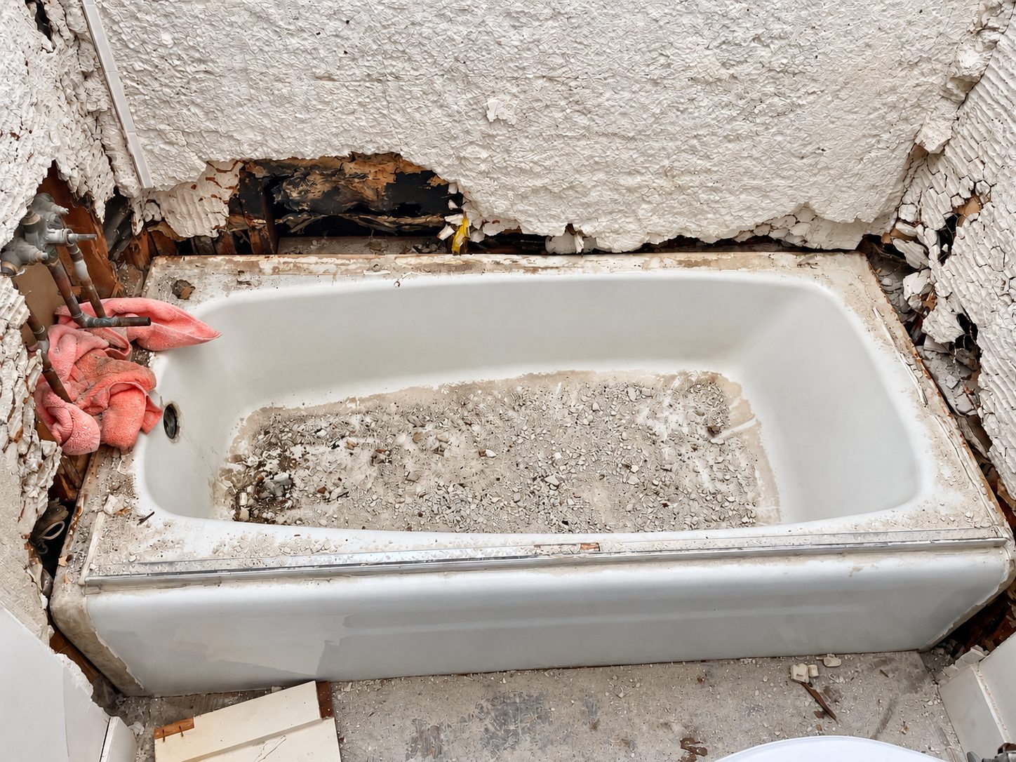 Old bathtub with rotted walls before demolition